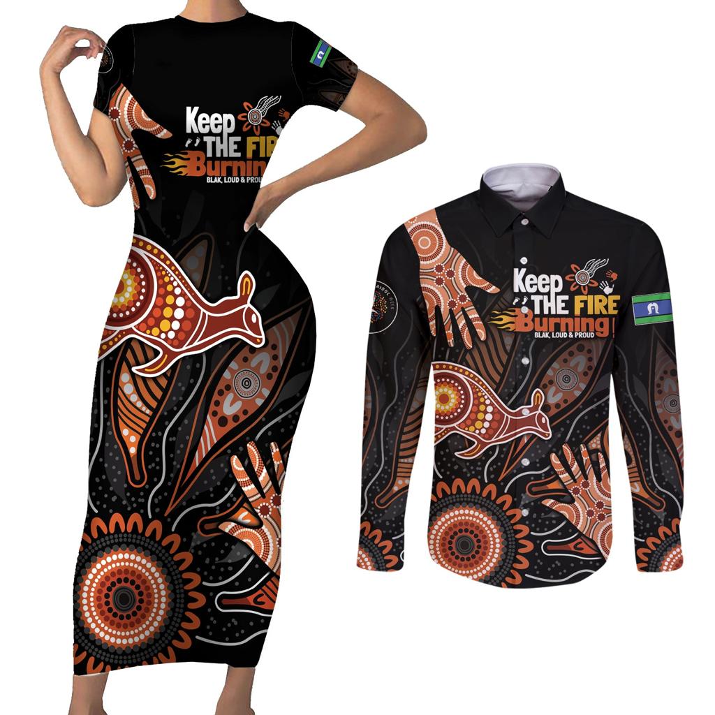 NAIDOC Week 2024 Personalised Couples Matching Short Sleeve Bodycon Dress and Long Sleeve Button Shirt Aboriginal Hand Stencils