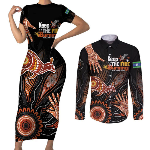 NAIDOC Week 2024 Personalised Couples Matching Short Sleeve Bodycon Dress and Long Sleeve Button Shirt Aboriginal Hand Stencils