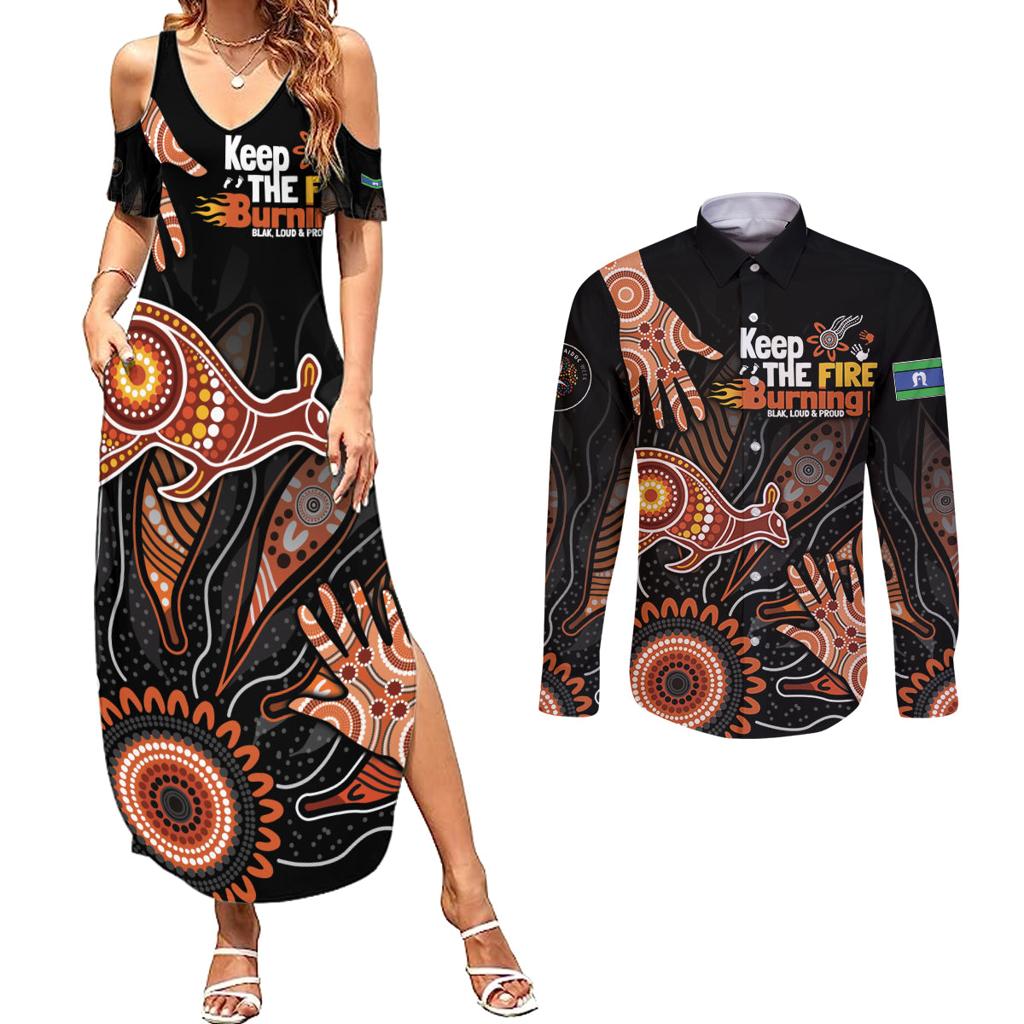 NAIDOC Week 2024 Personalised Couples Matching Summer Maxi Dress and Long Sleeve Button Shirt Aboriginal Hand Stencils