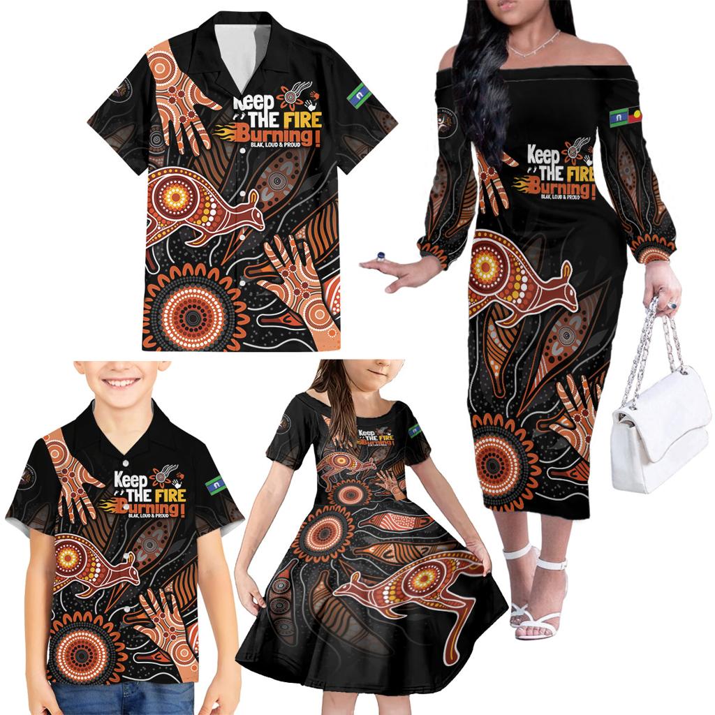 NAIDOC Week 2024 Personalised Family Matching Off The Shoulder Long Sleeve Dress and Hawaiian Shirt Aboriginal Hand Stencils