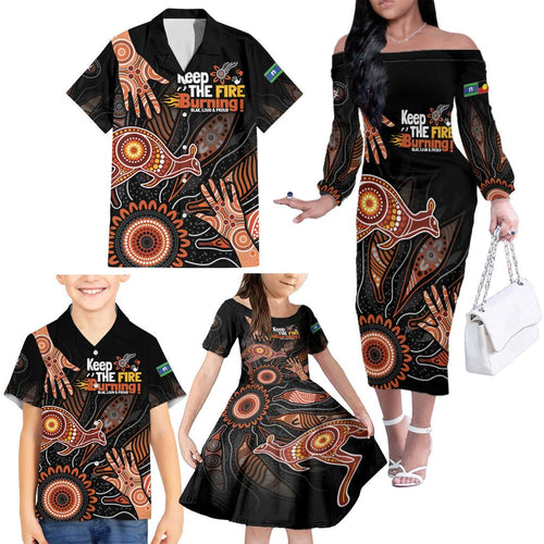 NAIDOC Week 2024 Personalised Family Matching Off The Shoulder Long Sleeve Dress and Hawaiian Shirt Aboriginal Hand Stencils