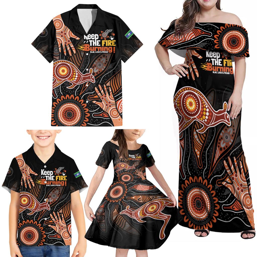 NAIDOC Week 2024 Personalised Family Matching Off Shoulder Maxi Dress and Hawaiian Shirt Aboriginal Hand Stencils