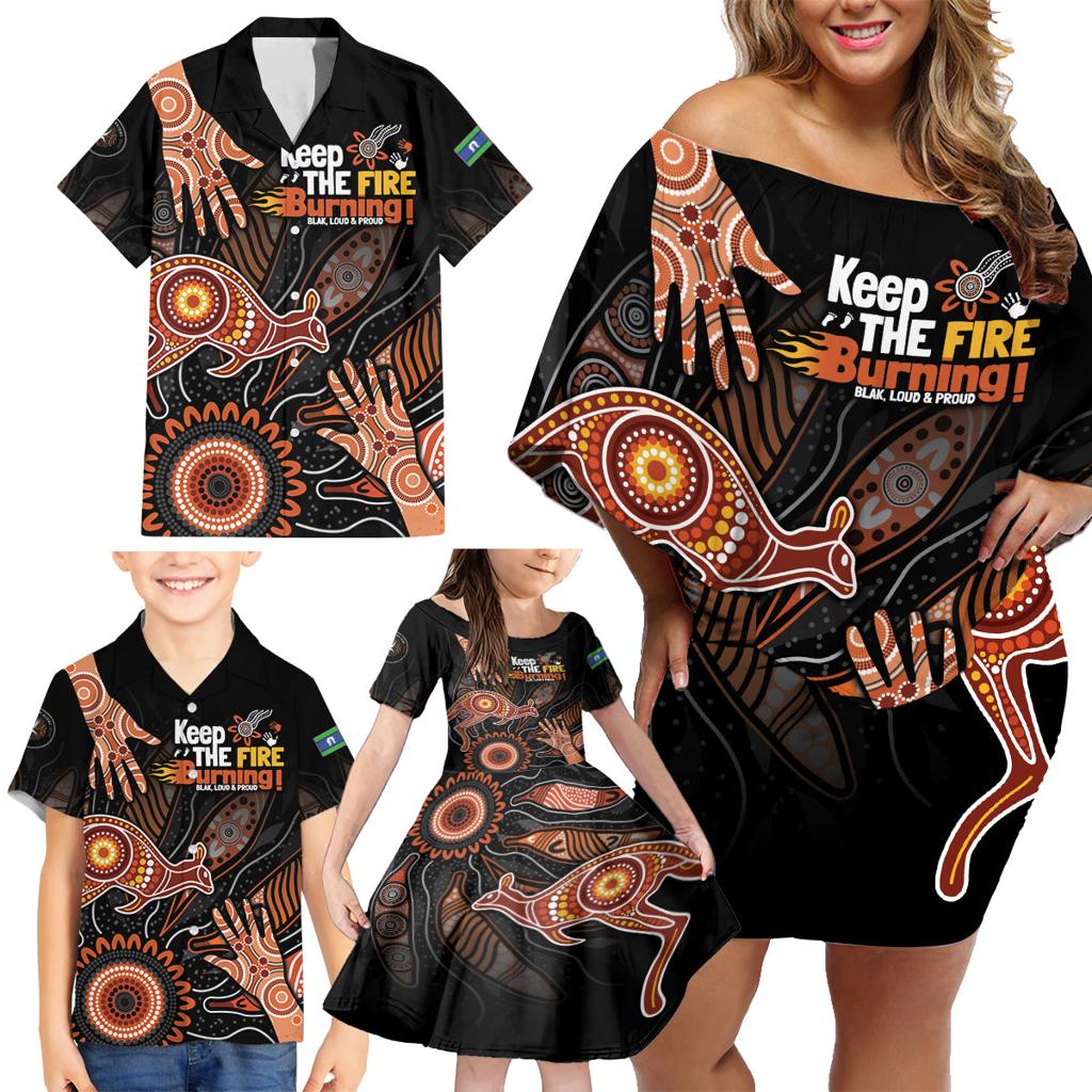 NAIDOC Week 2024 Personalised Family Matching Off Shoulder Short Dress and Hawaiian Shirt Aboriginal Hand Stencils