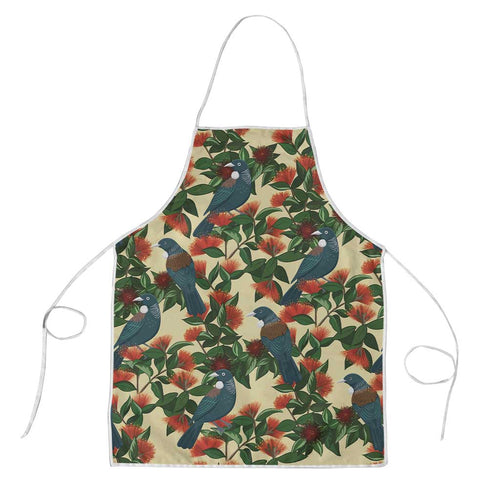 New Zealand Christmas Apron Romantic Tui Birds on Pohutukawa - Ivory - Aussie Hoodie