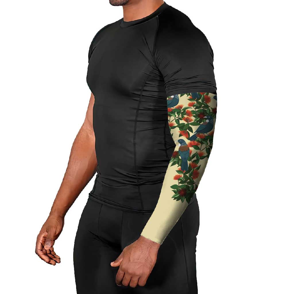 New Zealand Christmas Arm Sleeves Romantic Tui Birds on Pohutukawa - Ivory - Aussie Hoodie