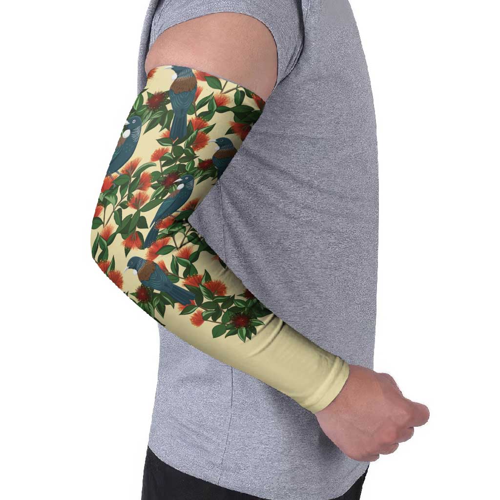New Zealand Christmas Arm Sleeves Romantic Tui Birds on Pohutukawa - Ivory - Aussie Hoodie