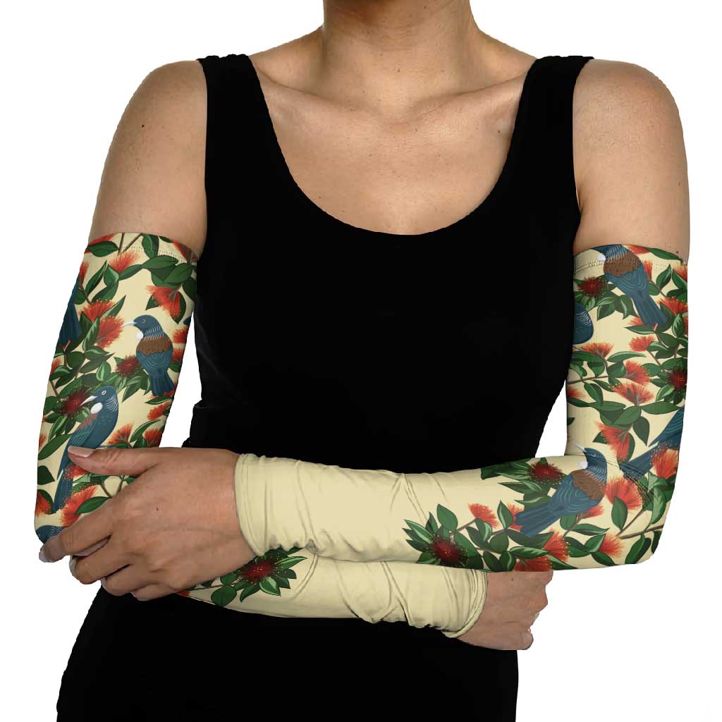 New Zealand Christmas Arm Sleeves Romantic Tui Birds on Pohutukawa - Ivory - Aussie Hoodie