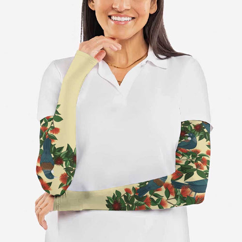 New Zealand Christmas Arm Sleeves Romantic Tui Birds on Pohutukawa - Ivory - Aussie Hoodie
