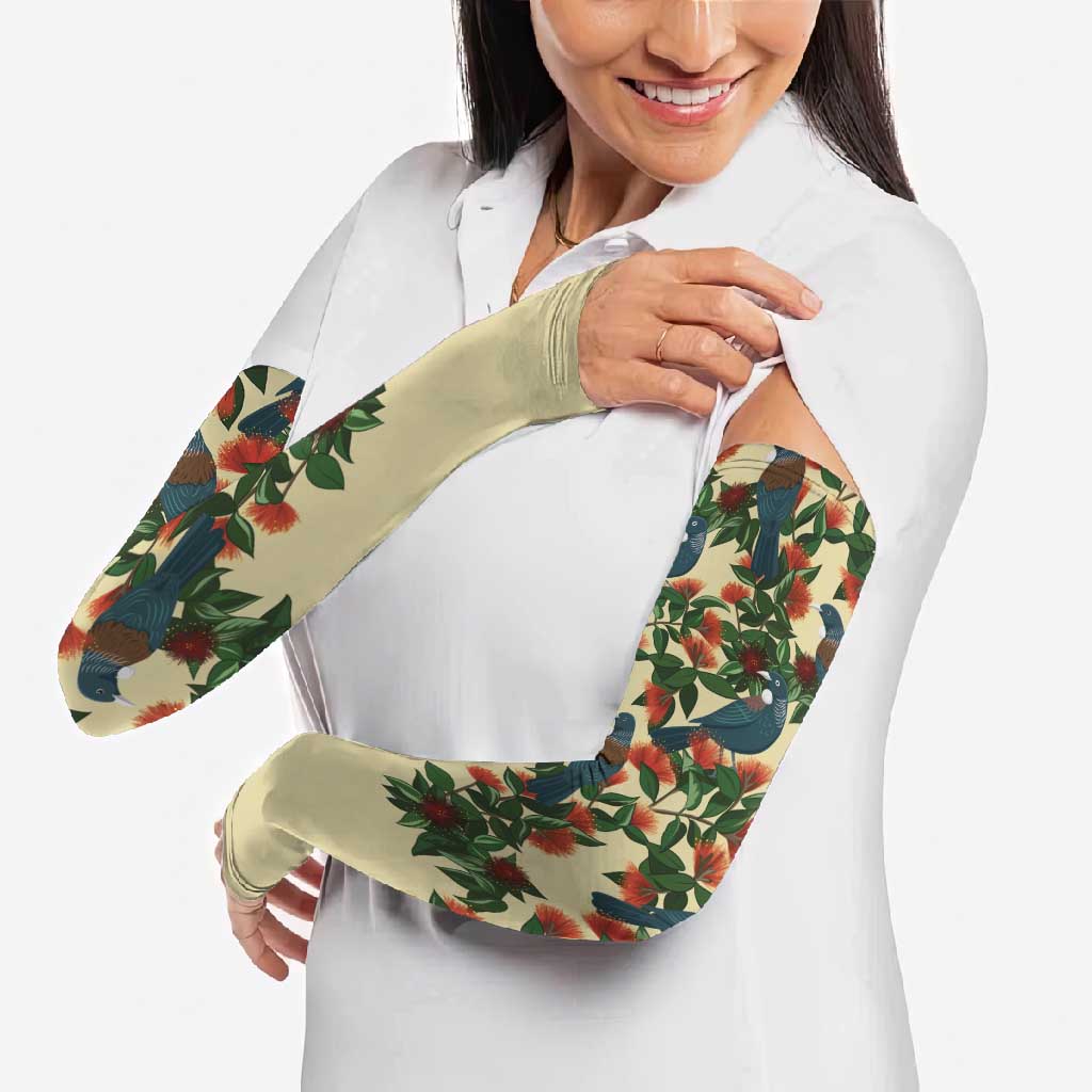 New Zealand Christmas Arm Sleeves Romantic Tui Birds on Pohutukawa - Ivory - Aussie Hoodie