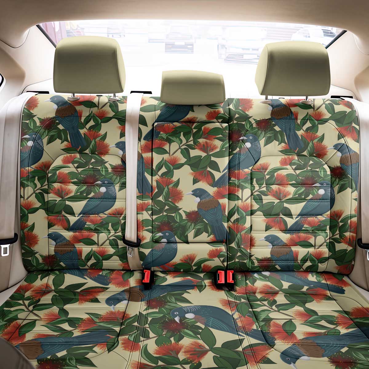 New Zealand Christmas Back Car Seat Cover Romantic Tui Birds on Pohutukawa - Ivory - Aussie Hoodie