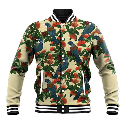 New Zealand Christmas Baseball Jacket Romantic Tui Birds on Pohutukawa - Ivory - Aussie Hoodie