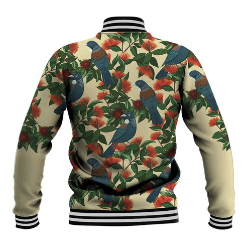 New Zealand Christmas Baseball Jacket Romantic Tui Birds on Pohutukawa - Ivory - Aussie Hoodie
