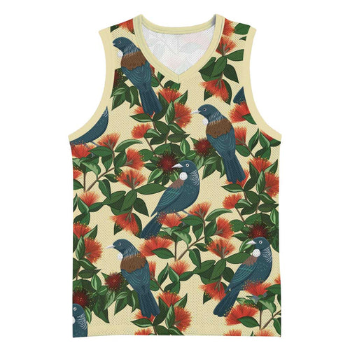 New Zealand Christmas Basketball Jersey Romantic Tui Birds on Pohutukawa - Ivory - Aussie Hoodie