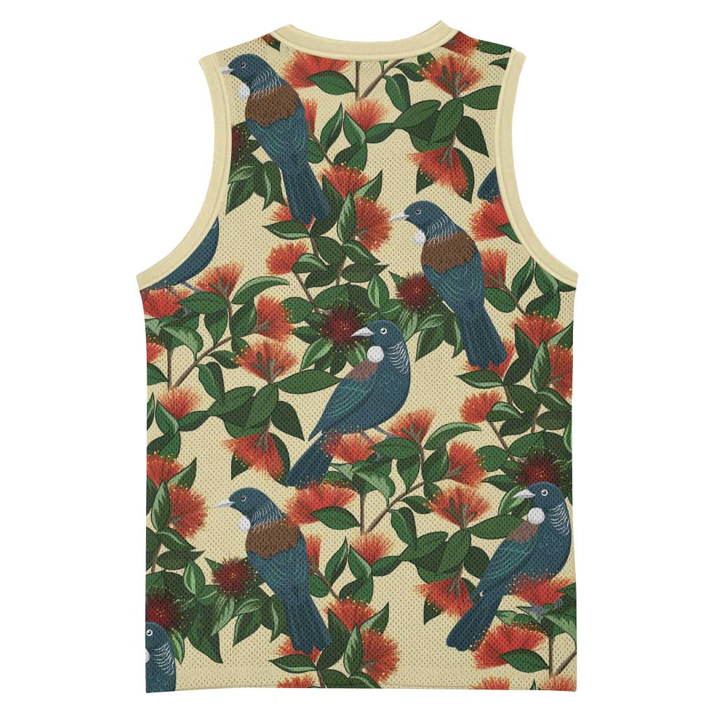 New Zealand Christmas Basketball Jersey Romantic Tui Birds on Pohutukawa - Ivory - Aussie Hoodie