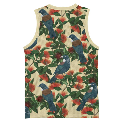 New Zealand Christmas Basketball Jersey Romantic Tui Birds on Pohutukawa - Ivory - Aussie Hoodie