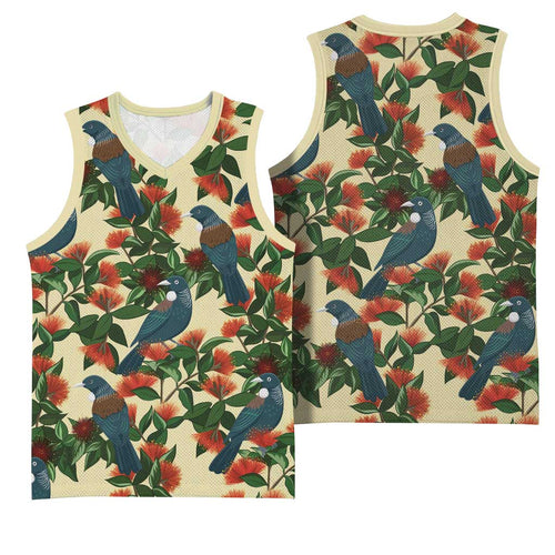 New Zealand Christmas Basketball Jersey Romantic Tui Birds on Pohutukawa - Ivory - Aussie Hoodie