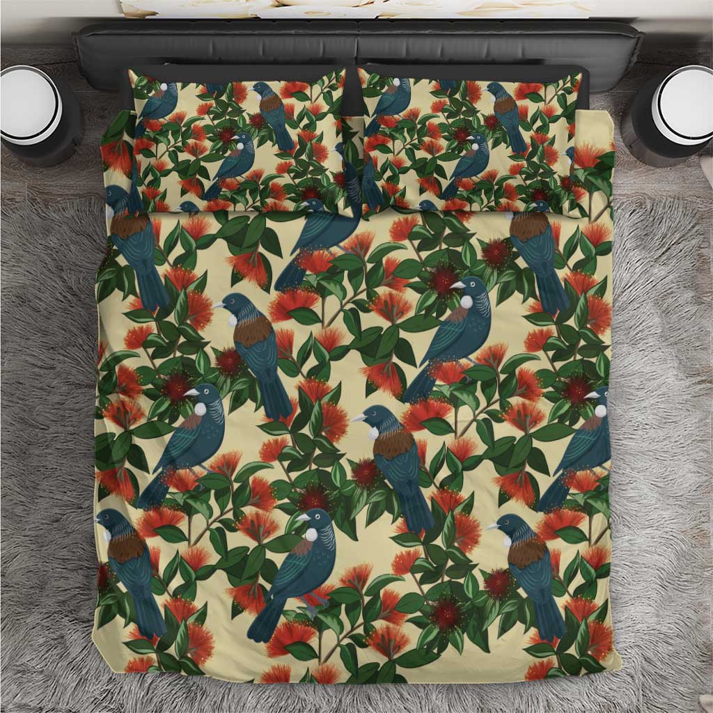 New Zealand Christmas Bedding Set Romantic Tui Birds on Pohutukawa - Ivory - Aussie Hoodie