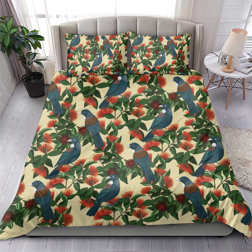 New Zealand Christmas Bedding Set Romantic Tui Birds on Pohutukawa - Ivory - Aussie Hoodie