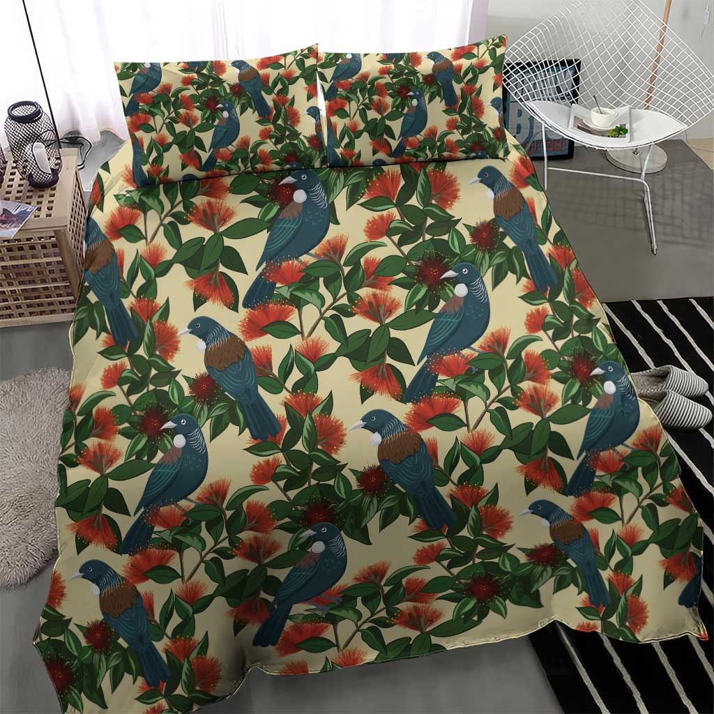 New Zealand Christmas Bedding Set Romantic Tui Birds on Pohutukawa - Ivory - Aussie Hoodie
