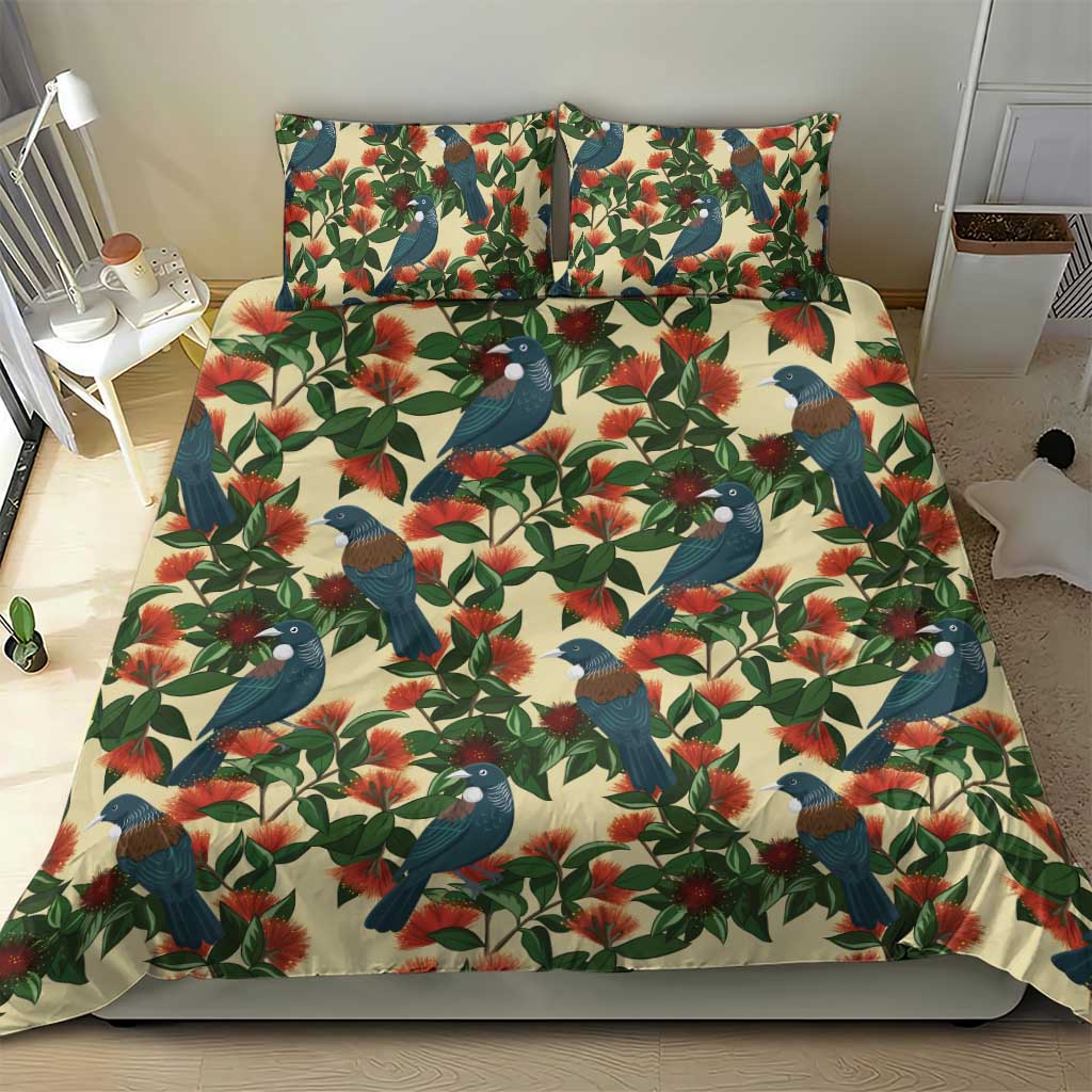 New Zealand Christmas Bedding Set Romantic Tui Birds on Pohutukawa - Ivory - Aussie Hoodie