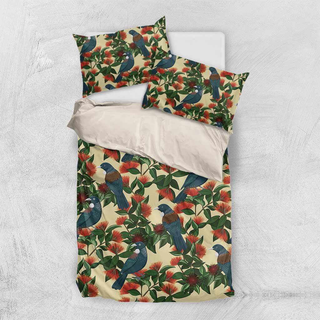 New Zealand Christmas Bedding Set Romantic Tui Birds on Pohutukawa - Ivory - Aussie Hoodie