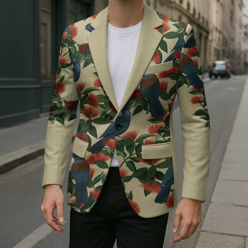 New Zealand Christmas Blazer Romantic Tui Birds on Pohutukawa - Ivory - Aussie Hoodie