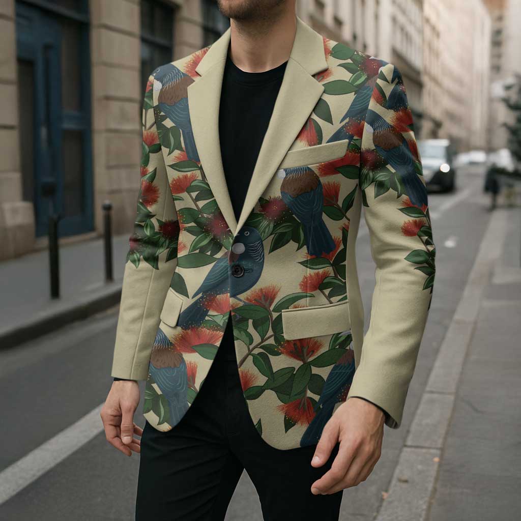 New Zealand Christmas Blazer Romantic Tui Birds on Pohutukawa - Ivory - Aussie Hoodie