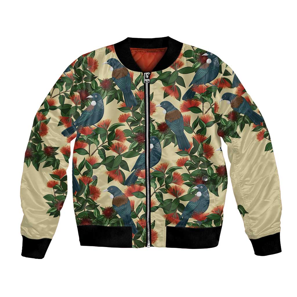 New Zealand Christmas Bomber Jacket Romantic Tui Birds on Pohutukawa - Ivory - Aussie Hoodie