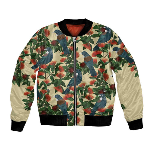 New Zealand Christmas Bomber Jacket Romantic Tui Birds on Pohutukawa - Ivory - Aussie Hoodie