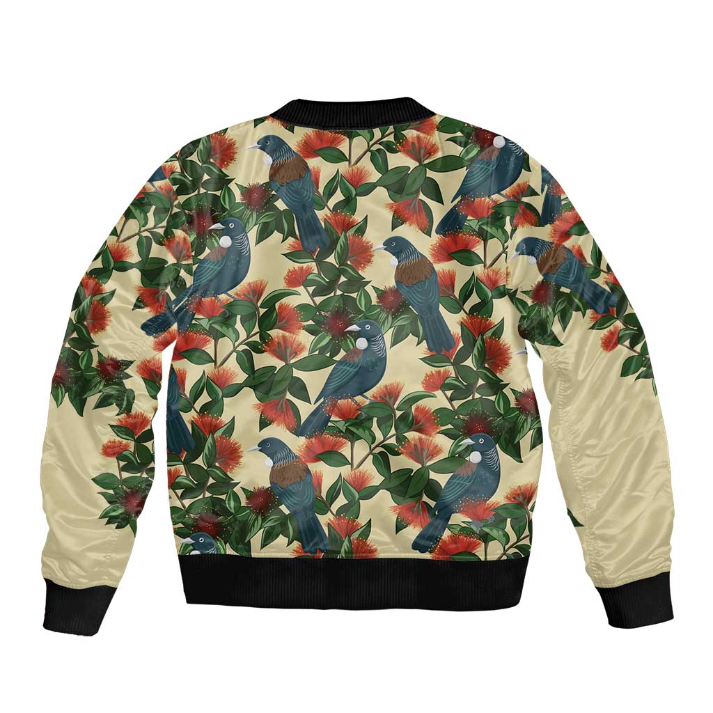 New Zealand Christmas Bomber Jacket Romantic Tui Birds on Pohutukawa - Ivory - Aussie Hoodie