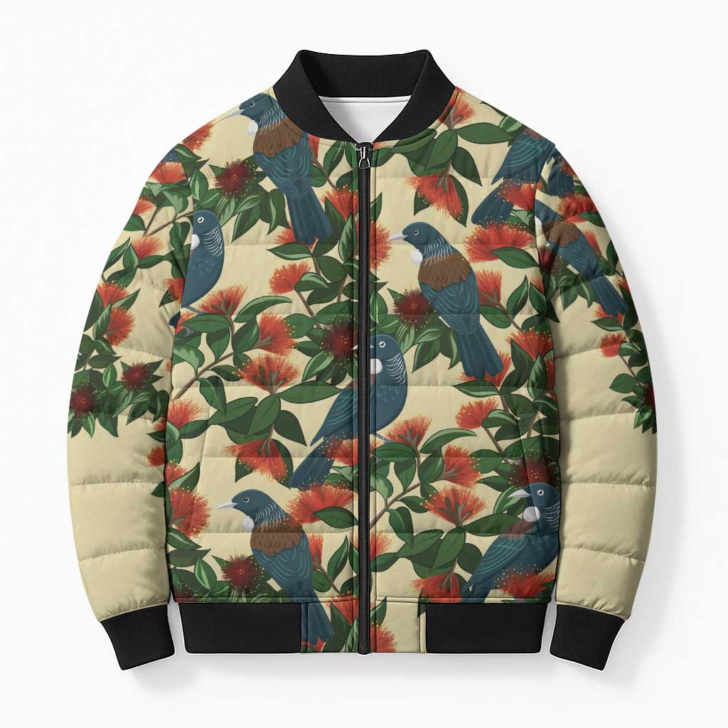 New Zealand Christmas Bomber Puffer Jacket Romantic Tui Birds on Pohutukawa - Ivory - Aussie Hoodie