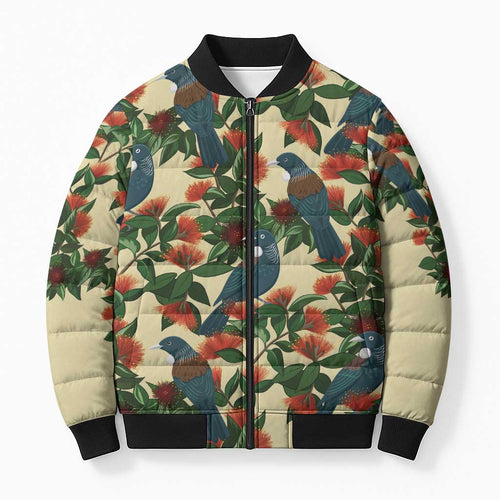 New Zealand Christmas Bomber Puffer Jacket Romantic Tui Birds on Pohutukawa - Ivory - Aussie Hoodie