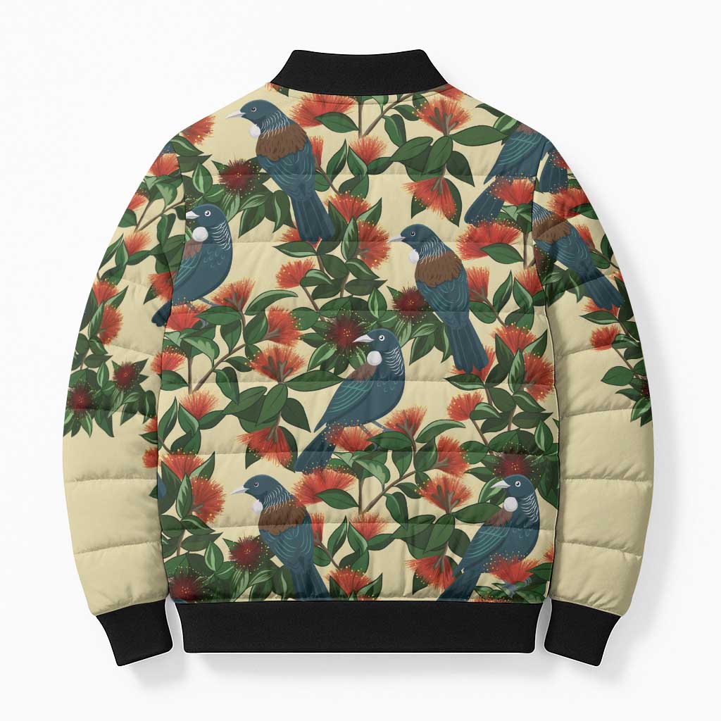 New Zealand Christmas Bomber Puffer Jacket Romantic Tui Birds on Pohutukawa - Ivory - Aussie Hoodie