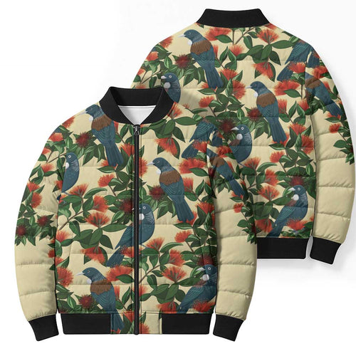 New Zealand Christmas Bomber Puffer Jacket Romantic Tui Birds on Pohutukawa - Ivory - Aussie Hoodie