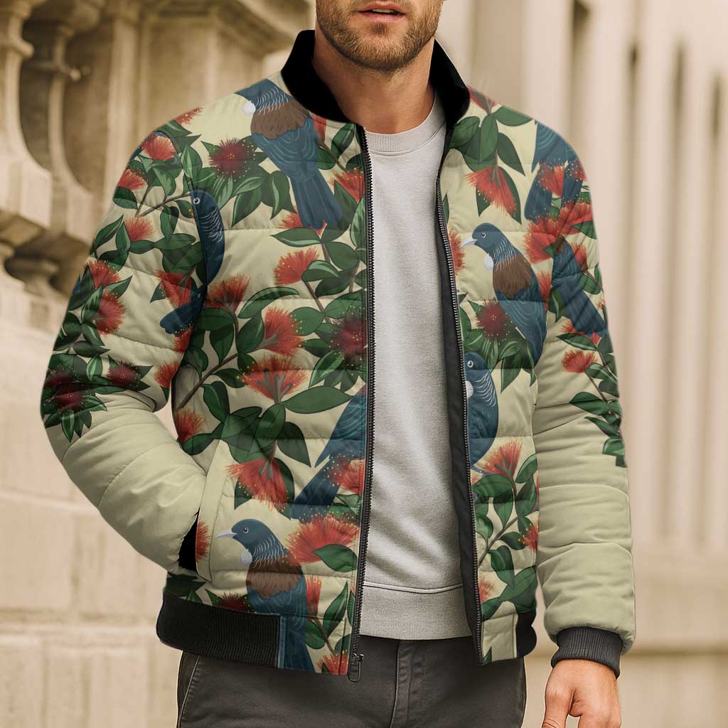 New Zealand Christmas Bomber Puffer Jacket Romantic Tui Birds on Pohutukawa - Ivory - Aussie Hoodie