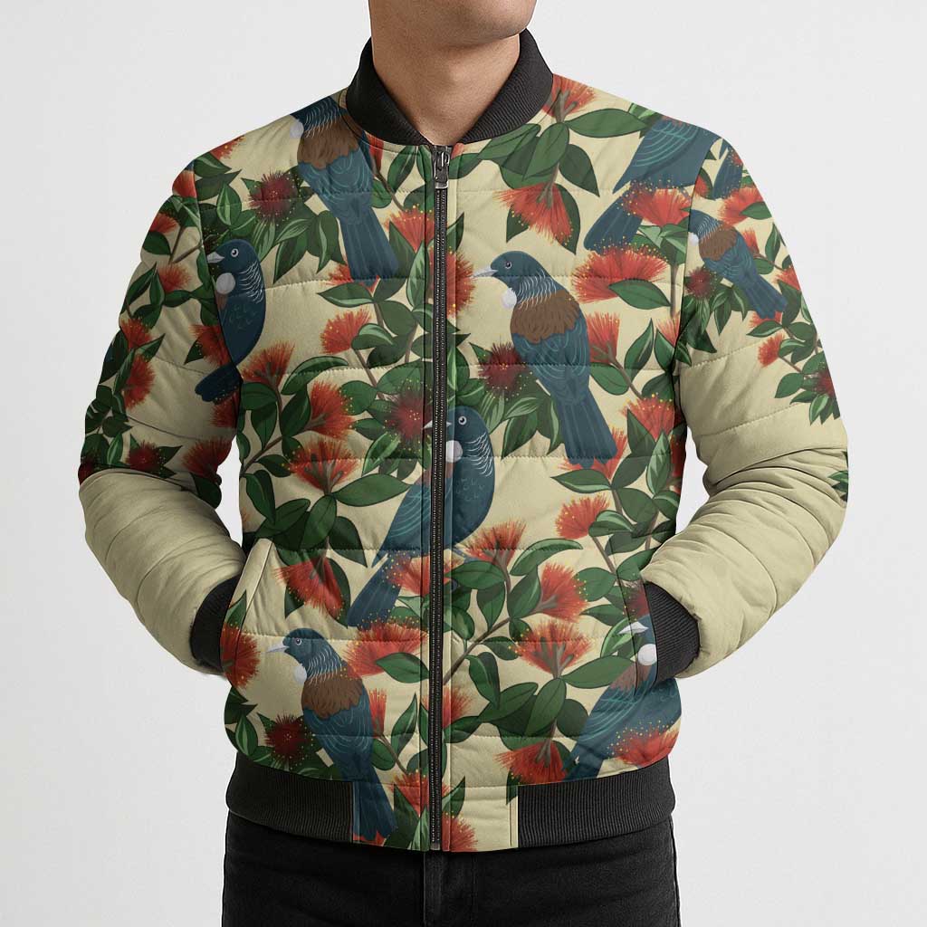 New Zealand Christmas Bomber Puffer Jacket Romantic Tui Birds on Pohutukawa - Ivory - Aussie Hoodie