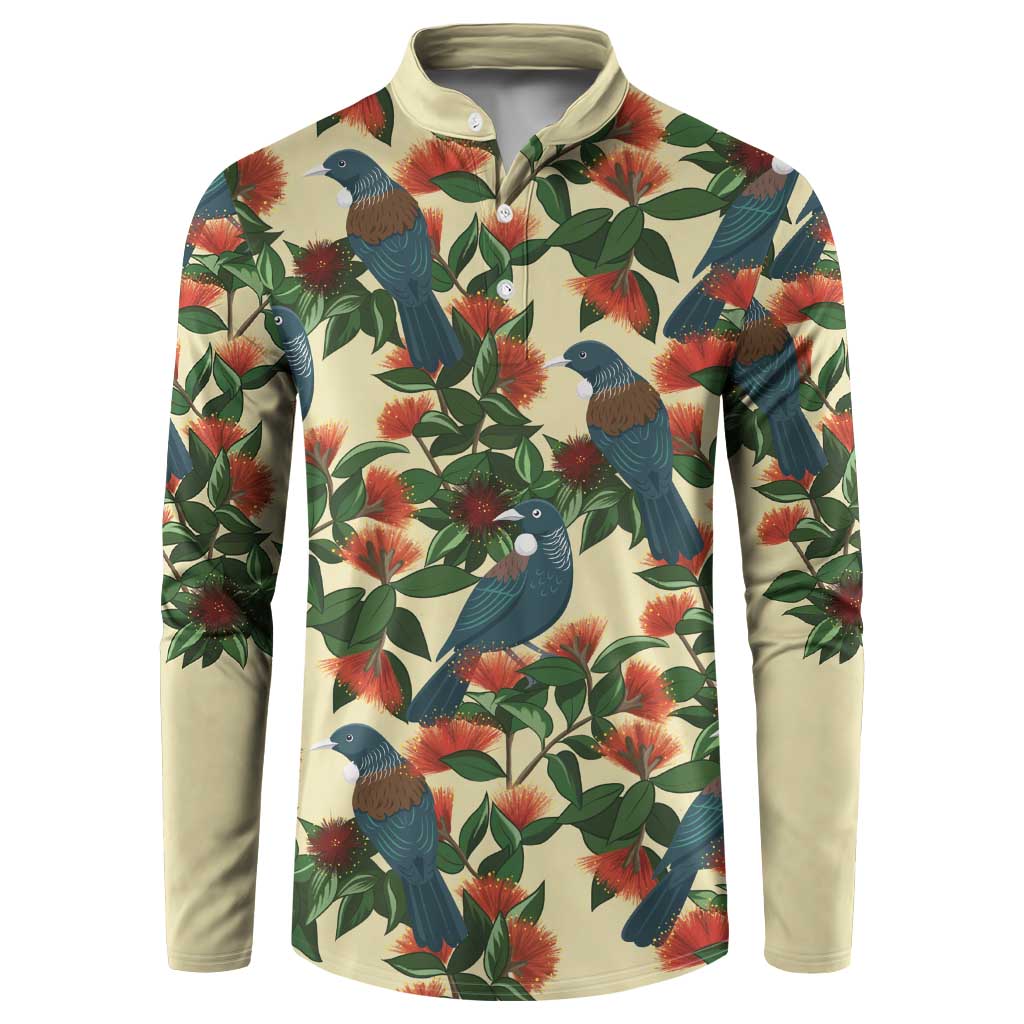 New Zealand Christmas Button Sweatshirt Romantic Tui Birds on Pohutukawa - Ivory - Aussie Hoodie