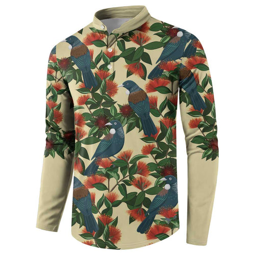 New Zealand Christmas Button Sweatshirt Romantic Tui Birds on Pohutukawa - Ivory - Aussie Hoodie