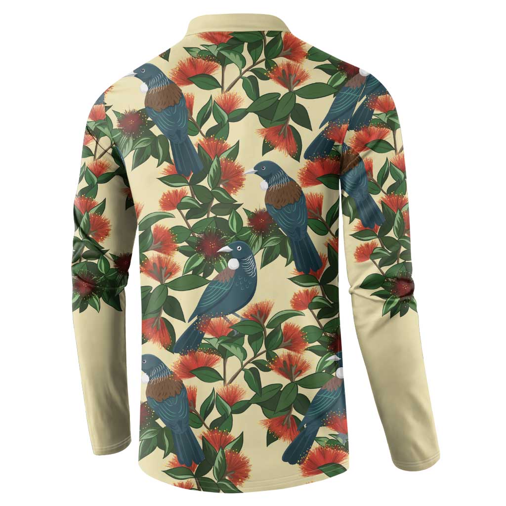 New Zealand Christmas Button Sweatshirt Romantic Tui Birds on Pohutukawa - Ivory - Aussie Hoodie