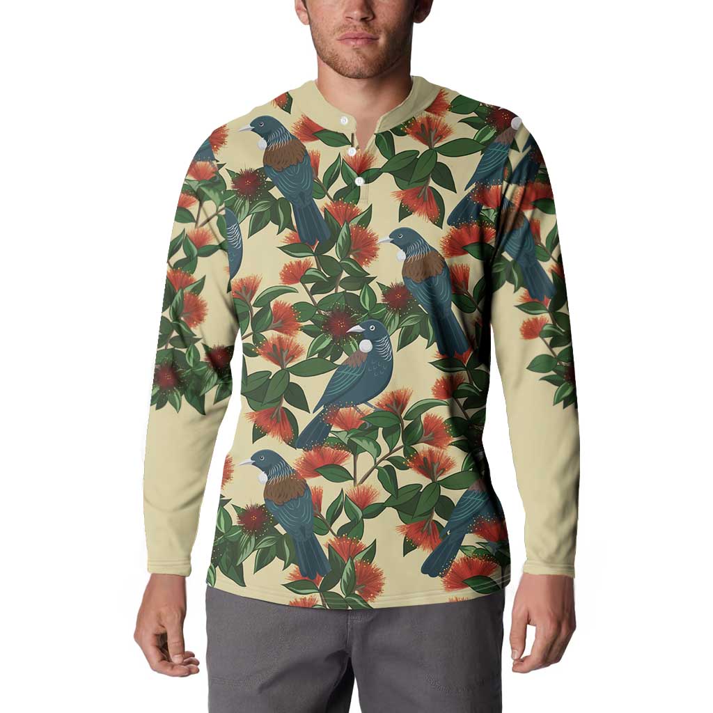 New Zealand Christmas Button Sweatshirt Romantic Tui Birds on Pohutukawa - Ivory - Aussie Hoodie