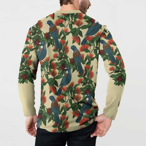 New Zealand Christmas Button Sweatshirt Romantic Tui Birds on Pohutukawa - Ivory - Aussie Hoodie