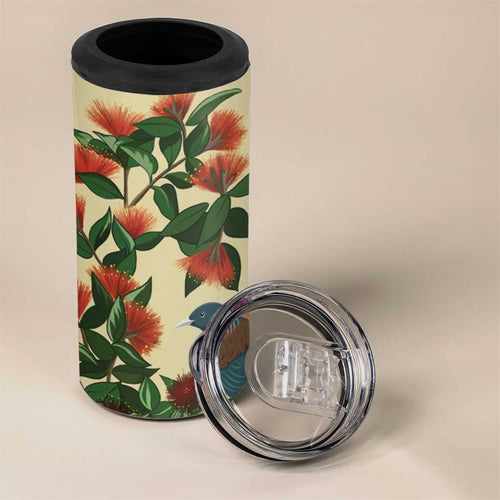New Zealand Christmas 4 in 1 Can Cooler Tumbler Romantic Tui Birds on Pohutukawa - Ivory - Aussie Hoodie