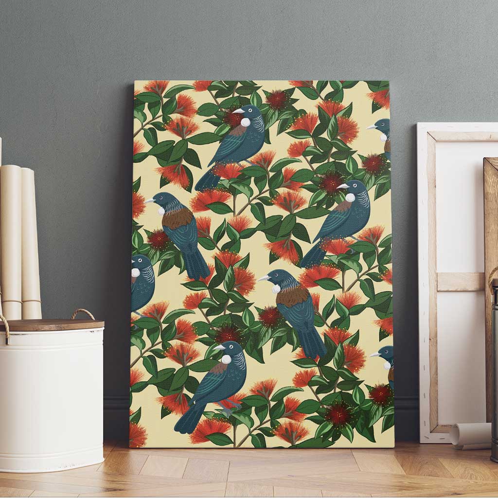 New Zealand Christmas Canvas Wall Art Romantic Tui Birds on Pohutukawa - Ivory - Aussie Hoodie