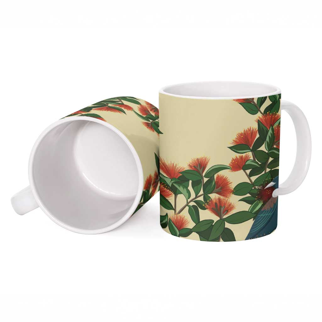 New Zealand Christmas Ceramic Mug Romantic Tui Birds on Pohutukawa - Ivory - Aussie Hoodie