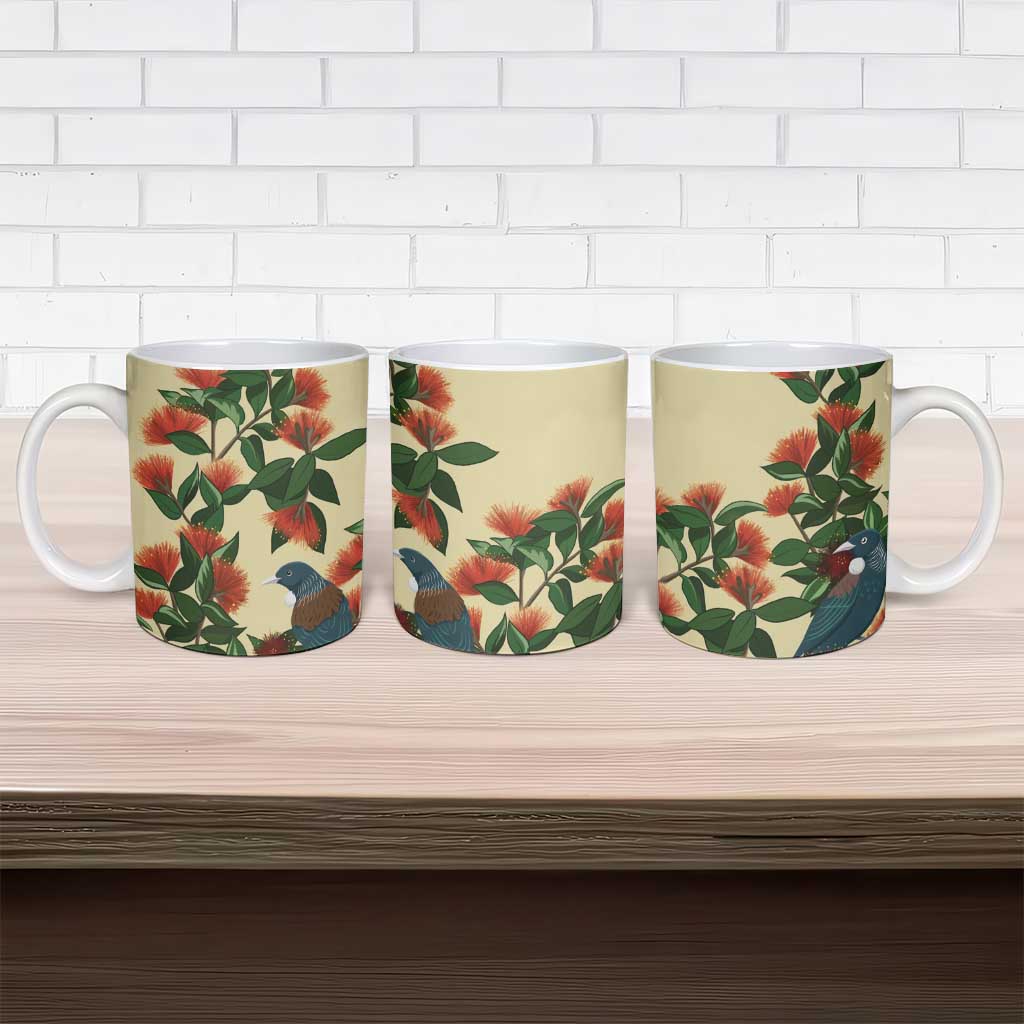 New Zealand Christmas Ceramic Mug Romantic Tui Birds on Pohutukawa - Ivory - Aussie Hoodie