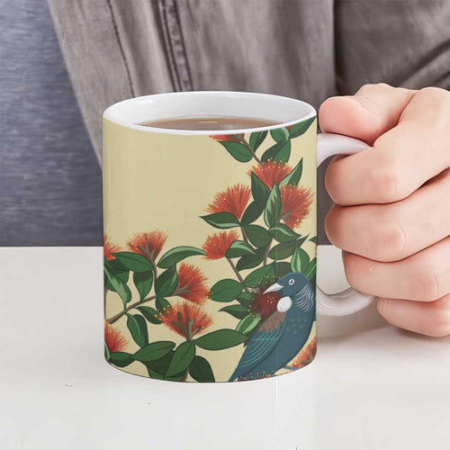 New Zealand Christmas Ceramic Mug Romantic Tui Birds on Pohutukawa - Ivory - Aussie Hoodie