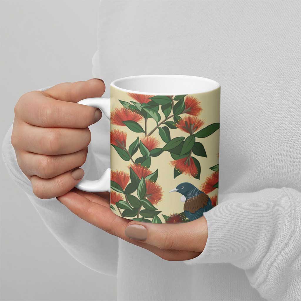 New Zealand Christmas Ceramic Mug Romantic Tui Birds on Pohutukawa - Ivory - Aussie Hoodie