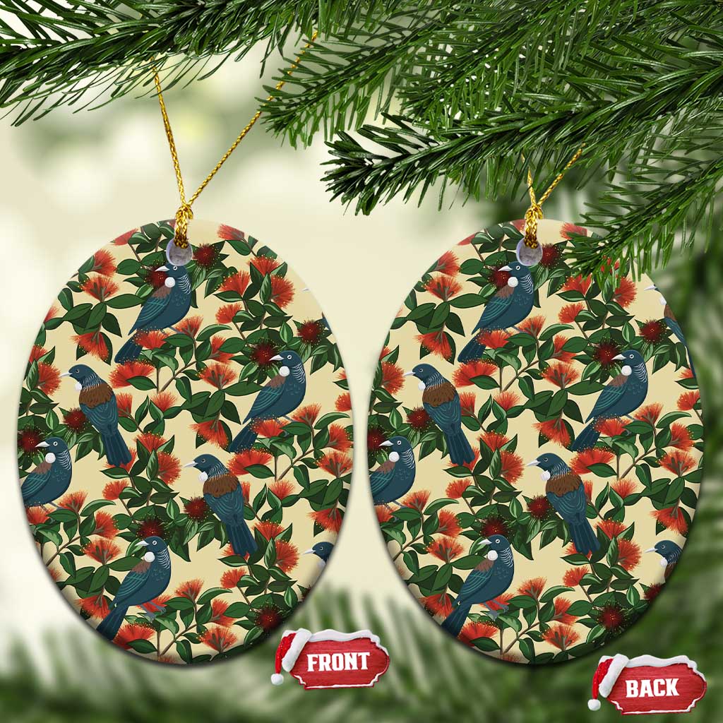New Zealand Christmas Ceramic Ornament Romantic Tui Birds on Pohutukawa - Ivory - Aussie Hoodie
