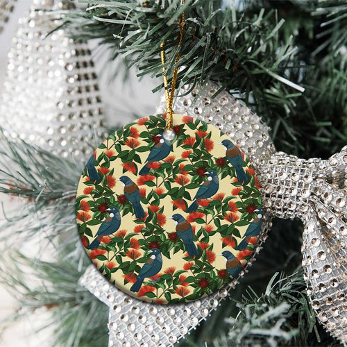 New Zealand Christmas Ceramic Ornament Romantic Tui Birds on Pohutukawa - Ivory - Aussie Hoodie