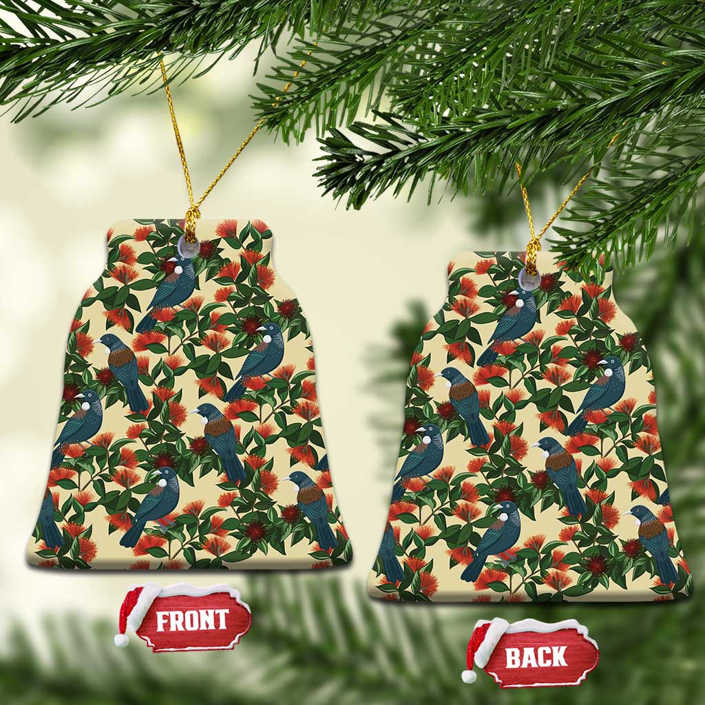 New Zealand Christmas Ceramic Ornament Romantic Tui Birds on Pohutukawa - Ivory - Aussie Hoodie